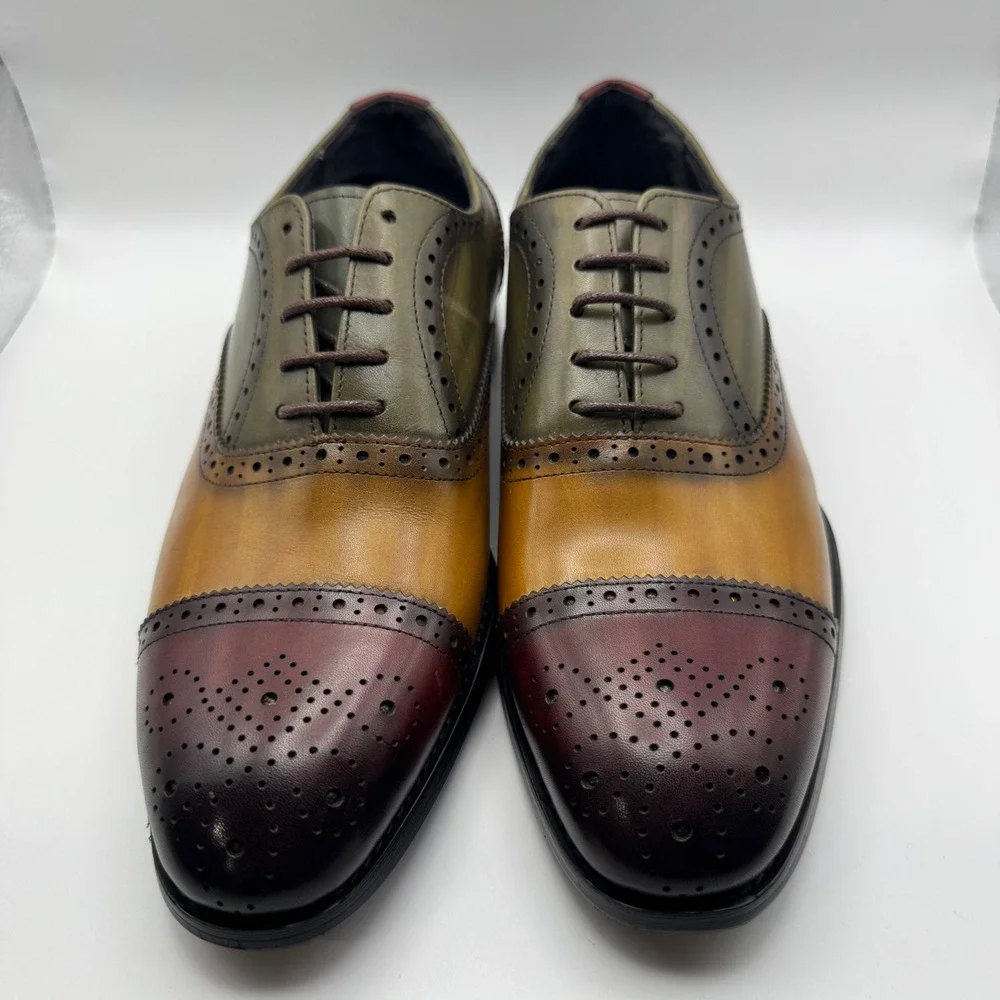 XEBOS Mens  Tricolor Leather Wingtip Brogue Oxford Shoes Size 38 Wood Color